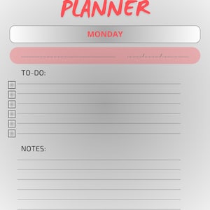 Könnte beinhalten: Ein Tagesplaner mit den Worten "DAILY PLANNER" in Schwarz und Rot. Der Planer enthält Abschnitte für Montag, To-Do-Listen und Notizen. Der Hintergrund ist ein Farbverlauf von Hellgrau.