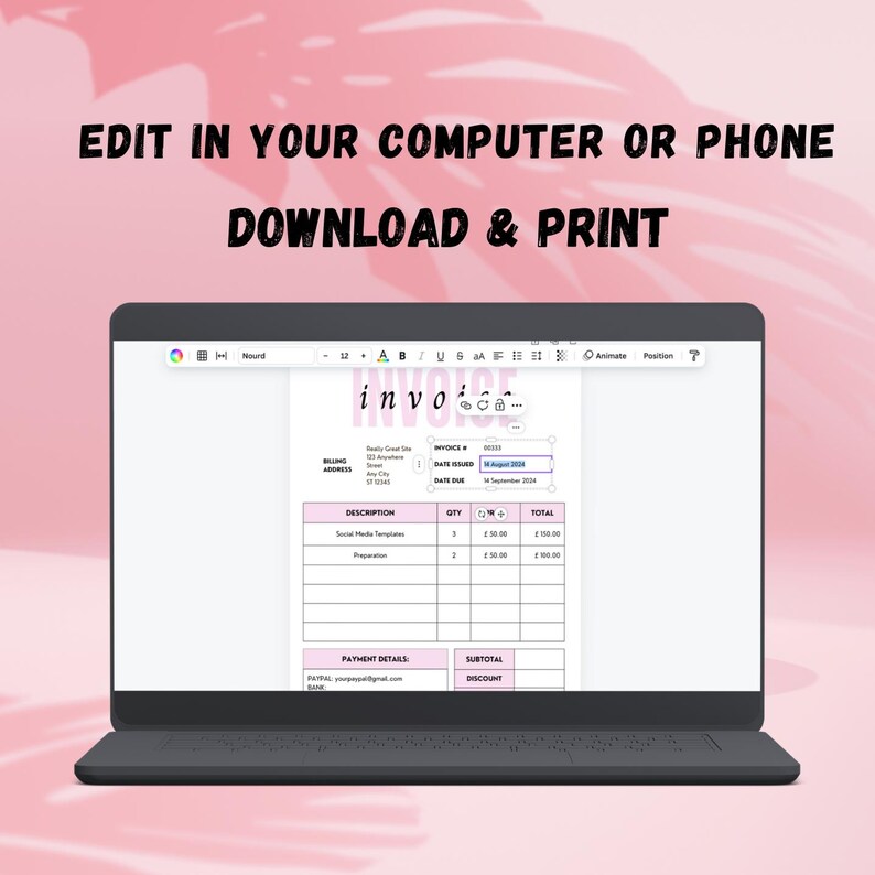 Editable Invoice Digital Template Standard Invoice Small Business