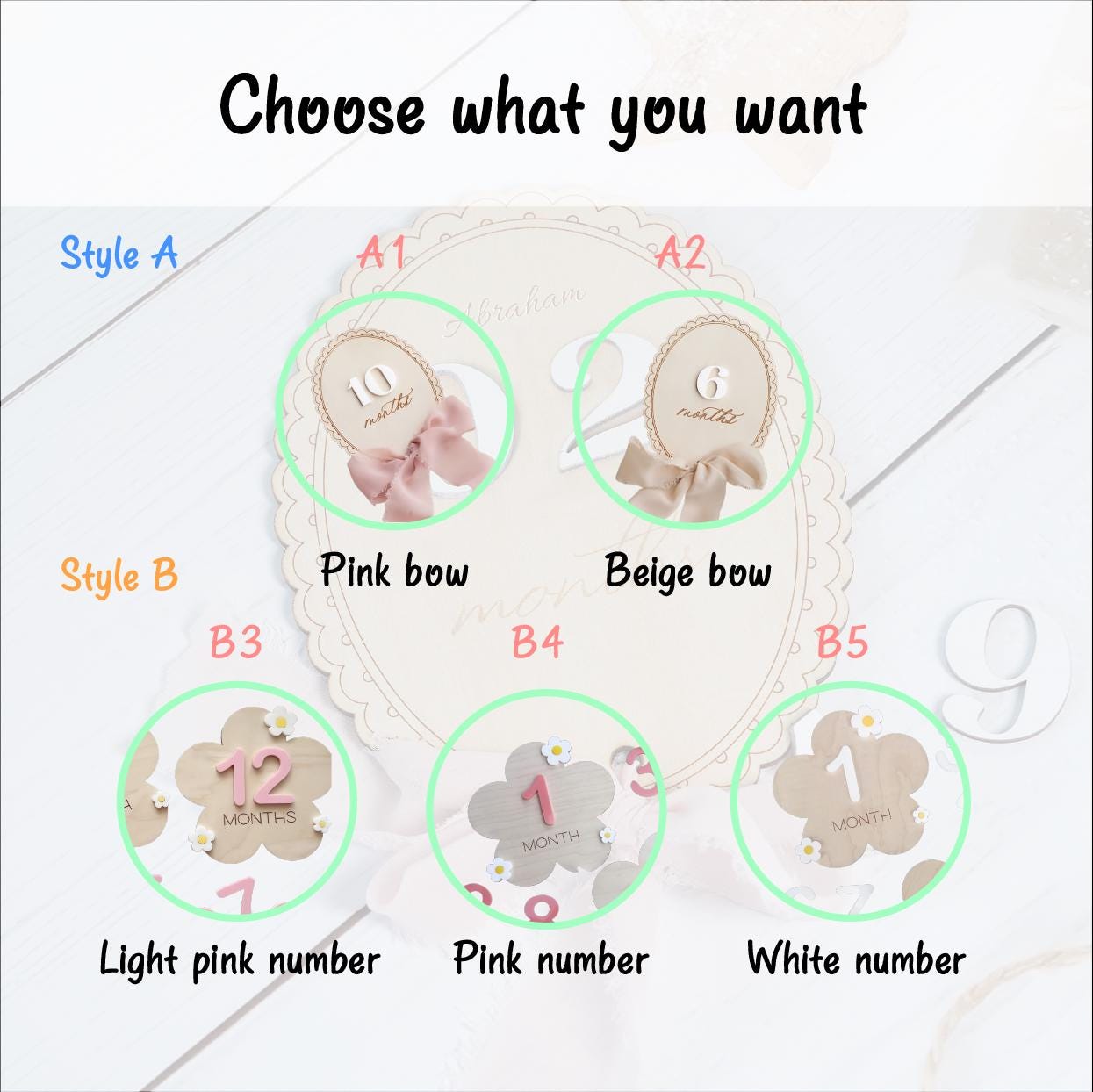 3D Wooden Baby Milestone Cards - 1-12 Months Reversible Photo Props For Newborn Boys & Girls (Bow Design)