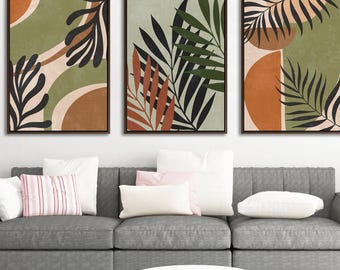 Boho Wandkunst Set von 3, Mid Century abstrakte Blatt-Druck, erdige grüne Natur-Dekor, Wohnzimmer-Galerie-Wand-Kunst-Trio