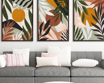 Earth Tone Boho Canvas Wall Art Set of 3, Abstract Botanical Triptych Print, Mid Century Nature Decor, Living Room Gallery Wall Set