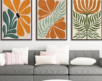 Bold Botanical Framed Canvas Wall Art Set of 3, Earth Tone Floral Print, Modern Boho Nature Decor, Warm Living Room Triptych Wall Art