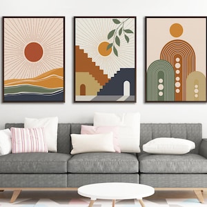 Mid Century Modern Leinwand Set: Abstrakte geometrische Sonnendrucke