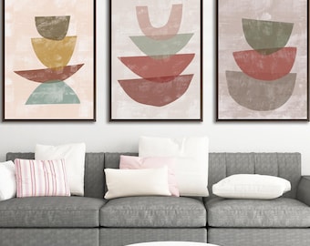 Conjunto de tres piezas de arte mural de estilo bohemio orgánico, láminas abstractas de naturaleza sobre lienzo, decoración moderna para galerías.