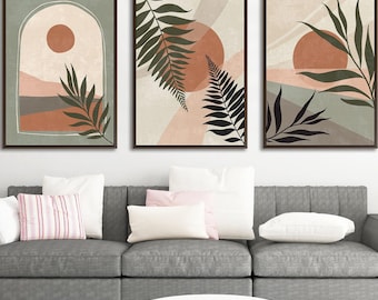 Earthy Boho Wall Art Set of 3, Abstract Sun Botanical Canvas Print, Mid Century Nature Decor, Living Room Gallery Wall Art Trio