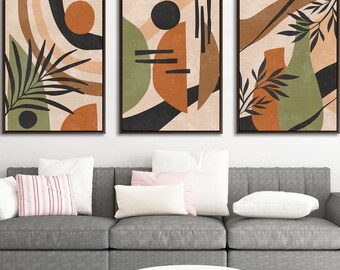 Boho Abstract Wall Art Set of 3, Mid Century Botanical Geometric Print, Earthy Neutral Decor, Living Room Gallery Wall Art Trio