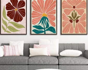 Boho Floral Canvas Wall Art Set of 3, Abstract Botanical Triptych Print, Neutral Earth Tone Decor, Modern Living Room Gallery Wall Set
