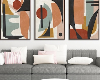 Mid Century Modern Wall Art Set of 3, Earth Tone Abstract Geometric Canvas Prints, Boho Gallery Wall Decor, Rust Teal Living Room Art