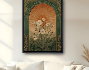 Könnte beinhalten: Ein gerahmter, rechteckiger Wandkunstdruck mit einem zentralen Torbogen-Design. Innerhalb des Bogens blühen weiße Blumen vor dem Hintergrund einer strahlenden orangefarbenen Sonne. Der Rand ist dunkelgrün mit goldenen Ornamenten.