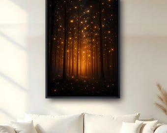 Firefly Forest canvas muurkunst, betoverde gloeiende nacht bossen, mystieke donkere academische print, Witchy Cottagecore woonkamer decor