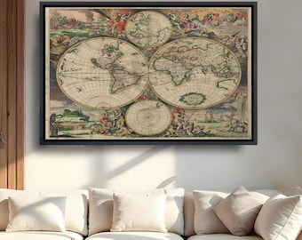 Antique World Map Framed Canvas Wall Art, Decorative Cartography Print, Ornate Vintage Atlas Decor, Large Living Room Wall Art, Map Gift