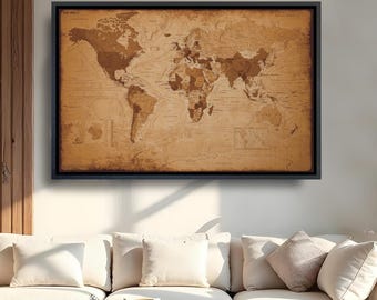 Vintage World Map Framed Canvas Wall Art, Rustic Brown Map, Antique Travel Office Decor, Large Living Room Wall Art, Housewarming Gift