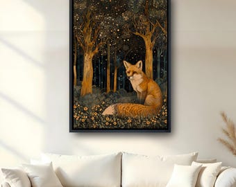 Fox Forest Canvas Wall Art, Enchanted Night Woodland Print, Mystical Starry Forest Decor, Whimsical Fox Lover Gift, Cottagecore Art