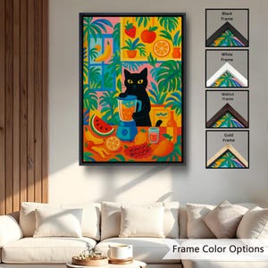 May include: A vibrant wall art print featuring a black cat using a blue blender surrounded by tropical plants and various fruits like watermelon, oranges, and bananas. To the right, four small square insets display the artwork in black, white, walnut, and gold frame options with the text Frame Color Options.