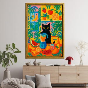 May include: A framed wall art print featuring a black cat using a blue blender surrounded by colorful tropical plants and various fruits including watermelon, bananas, oranges, strawberries, and mangoes in a vibrant, flat-style illustration.