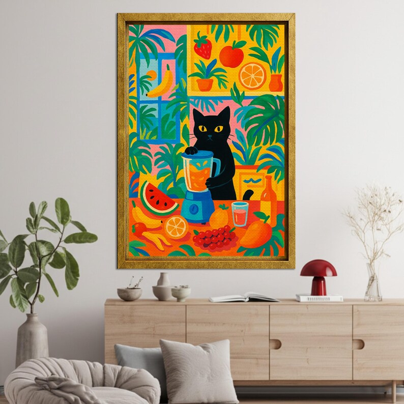 May include: A framed wall art print featuring a black cat using a blue blender surrounded by colorful tropical plants and various fruits including watermelon, bananas, oranges, strawberries, and mangoes in a vibrant, flat-style illustration.