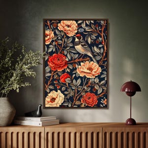 William Morris Style Bird and Floral Canvas Print: Vintage Botanical Wall Art