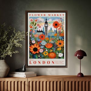 London Flower Market Framed Canvas Art: Vintage Botanical Travel Poster