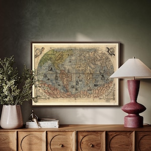 Art mural ancien sur toile, carte du monde, décoration de navigation historique pour maison ou bureau rustique, oeuvre d'art d'exploration vintage pour salon
