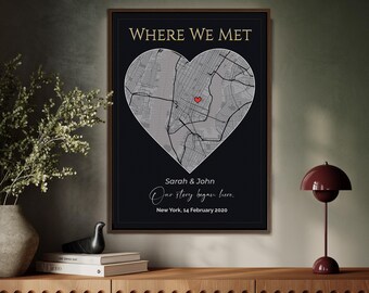 Where We Met Custom Map Print, Personalized Couple Gift, Wedding Anniversary Poster, Christmas Gift for Him Her, Heart Map Wall Art