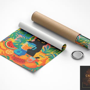 May include: A rolled-up art print and a cardboard shipping tube. The print features a colorful illustration of a black cat using a blue blender surrounded by tropical foliage, watermelon, bananas, oranges, and grapes on a vibrant orange background.
