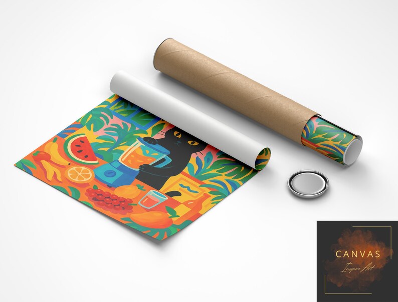May include: A rolled-up art print and a cardboard shipping tube. The print features a colorful illustration of a black cat using a blue blender surrounded by tropical foliage, watermelon, bananas, oranges, and grapes on a vibrant orange background.