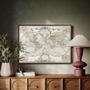 Lienzo decorativo con mapa del mundo antiguo neutro - Póster vintage de globo terráqueo - Impresión de atlas enmarcada - Decoración rústica y elegante de viaje para sala de estar