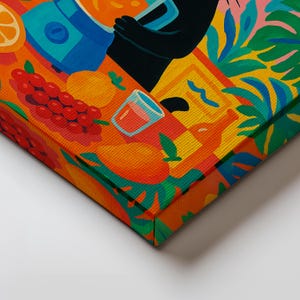 May include: A vibrant canvas print featuring a black cat using a blue blender to make a smoothie. The scene includes red grapes, orange slices, a glass of juice, and a yellow mango, all set against a backdrop of lush green tropical leaves.