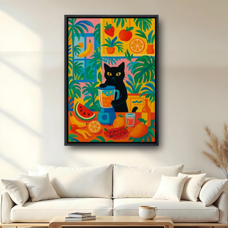 May include: A framed wall art print featuring a black cat standing at a table with a blue blender, surrounded by vibrant tropical plants and various fruits including watermelon, bananas, oranges, grapes, and a mango, all in a colorful, flat illustration style.