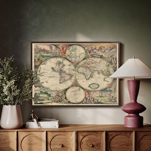 Antike Weltkarte gerahmte Leinwand Wandkunst, Historisches Atlas Dekor für rustikales Haus oder Büro, Vintage Navigations Kunstwerk für Wohnzimmer