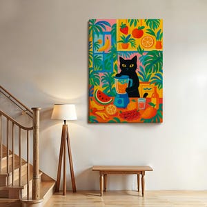 May include: A vibrant rectangular wall art print featuring a black cat standing at a table with a blue blender. The scene is filled with colorful tropical plants, sliced watermelon, bananas, oranges, grapes, and a mango in a bright yellow room.