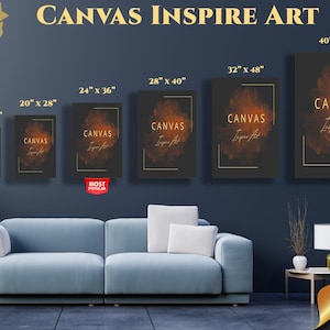 May include: Six rectangular canvas wall art prints in varying sizes from 16" x 24" to 40" x 59". Each print features a dark background with a central abstract orange-gold smoke effect, a thin gold border, and the text "CANVAS Inspire Art".