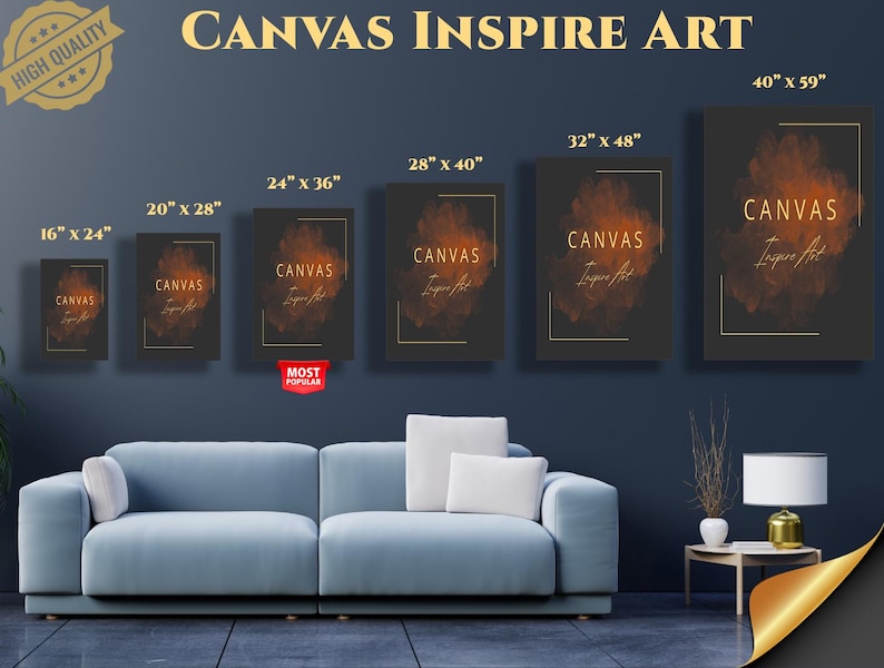 May include: Six rectangular canvas wall art prints in varying sizes from 16" x 24" to 40" x 59". Each print features a dark background with a central abstract orange-gold smoke effect, a thin gold border, and the text "CANVAS Inspire Art".