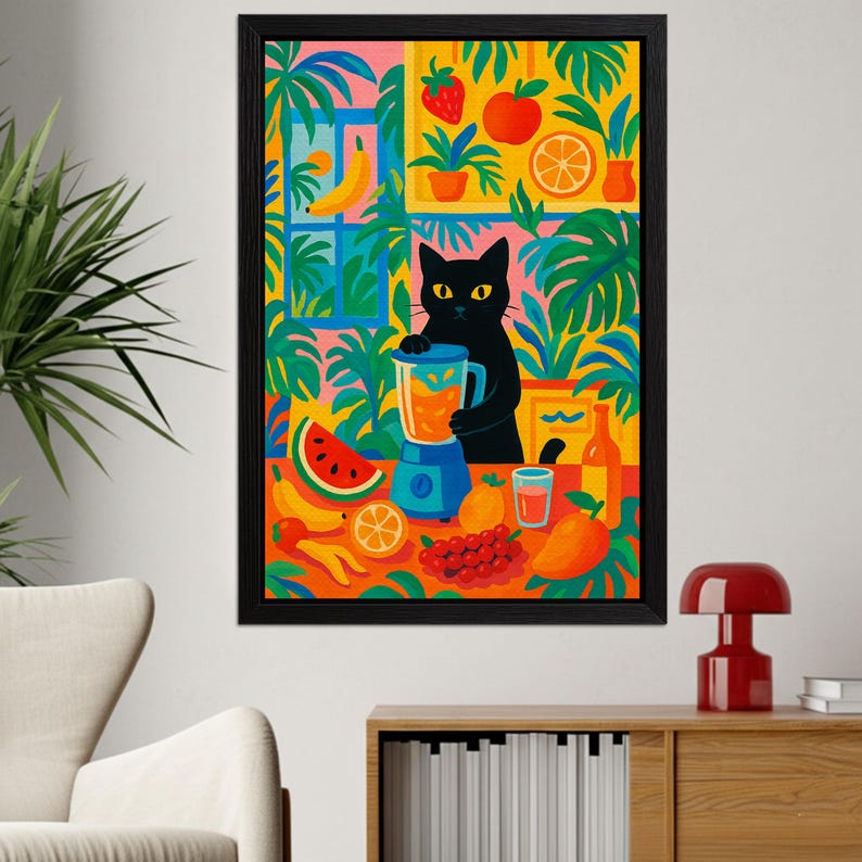 May include: A framed wall art print featuring a black cat standing at a table, using a blue blender to make a smoothie. The scene is filled with vibrant tropical plants, a watermelon slice, bananas, oranges, grapes, and a glass of juice.