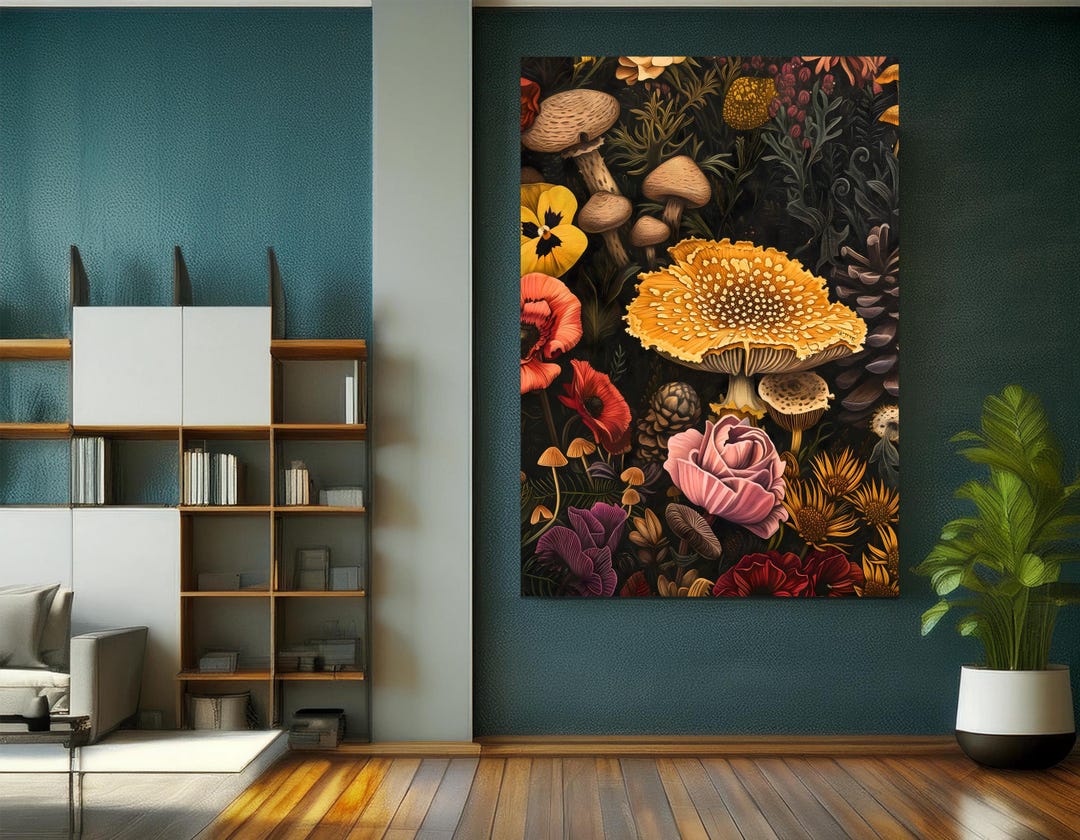 William Morris Style Mushroom and Floral Wall Art, Vintage Botanical ...