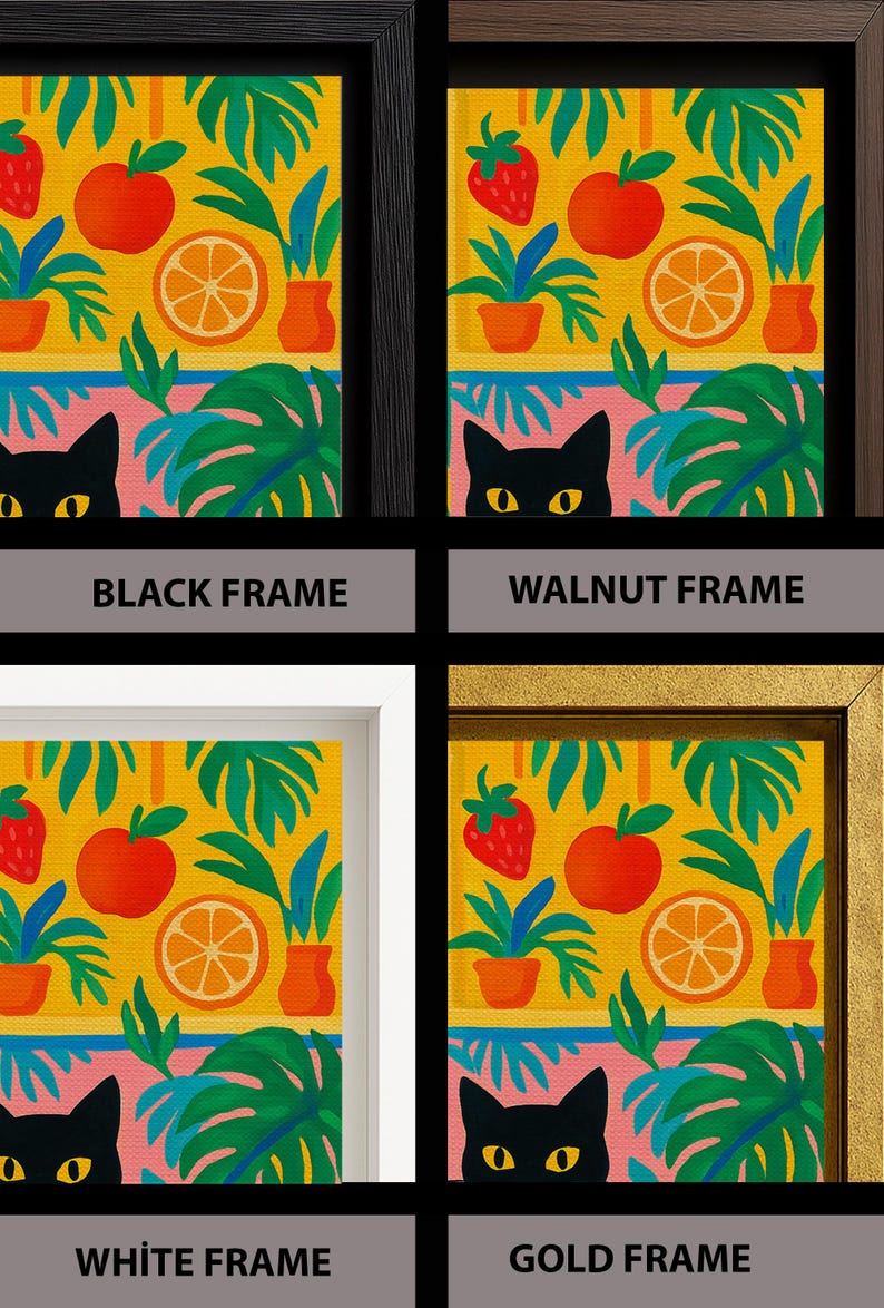 May include: A set of four framed art prints featuring a vibrant yellow background with illustrations of strawberries, apples, oranges, and green foliage. A black cat with yellow eyes is visible at the bottom. Frames are black, walnut, white, and gold.