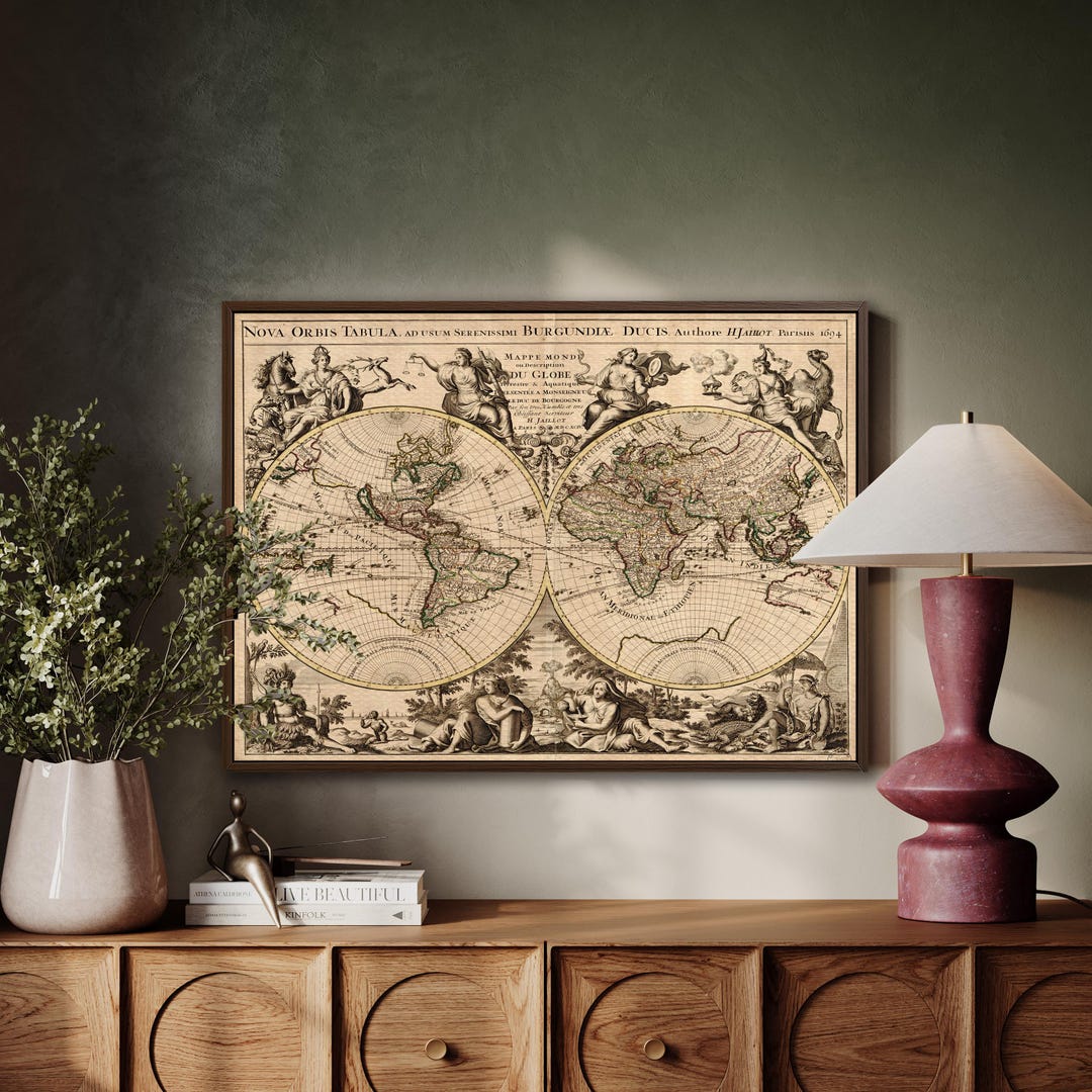 Vintage World Map Push Pin Canvas Wall Art – Antique Travel Decor With ...