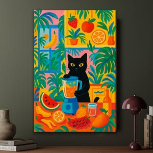 May include: A vibrant rectangular wall art print featuring a black cat standing behind a blue blender. The scene is filled with colorful tropical plants, various fruits including watermelon, bananas, oranges, and strawberries, and a glass of juice.