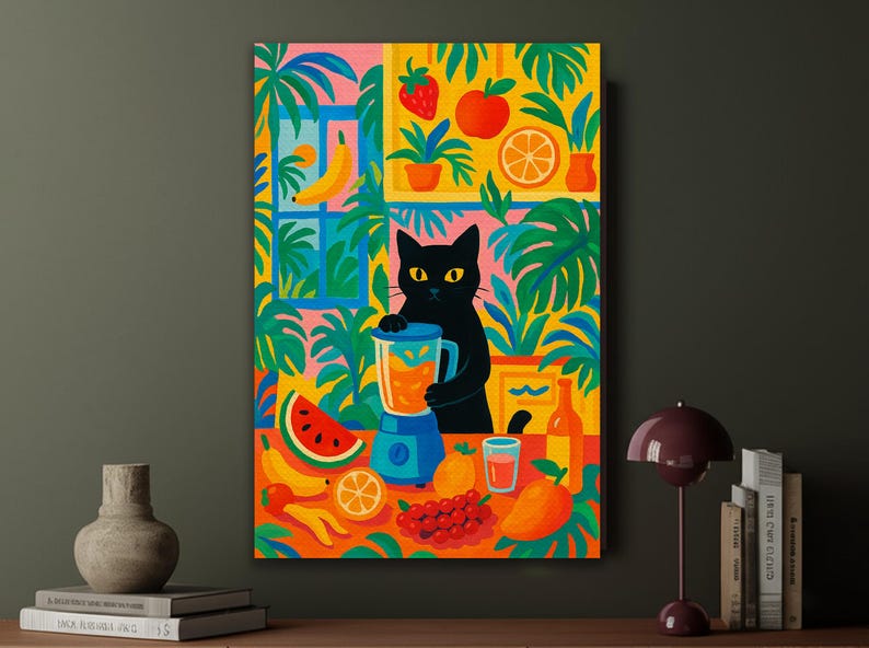 May include: A vibrant rectangular wall art print featuring a black cat standing behind a blue blender. The scene is filled with colorful tropical plants, various fruits including watermelon, bananas, oranges, and strawberries, and a glass of juice.