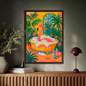 Henri Matisse Inspired Flamingo Canvas Wall Art Colorful Tropical Bathroom Decor Mid Century Framed Animal Artwork for Home