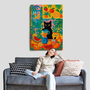 Black Cat Kitchen Wall Art, Whimsical Smoothie Juice Print, Maximalist Fruit Kitchen Decor, Funny Cat Lover Dining Room Art image 2