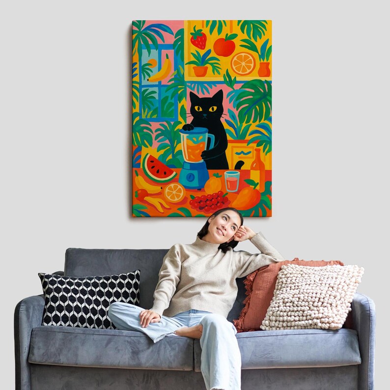 Black Cat Kitchen Wall Art, Whimsical Smoothie Juice Print, Maximalist Fruit Kitchen Decor, Funny Cat Lover Dining Room Art image 2