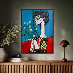 Picasso Style Abstract Portrait Wall Art, Bold Cubist Woman Framed Canvas, Colorful Gallery Face Print for Modern Living Room