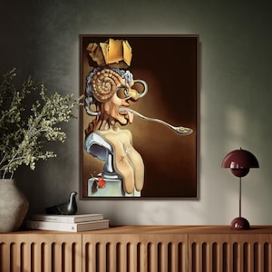 Könnte beinhalten: Surrealistische Malerei mit einer Büste, aus deren Mund sich ein Löffel erstreckt. Das Kunstwerk hat einen braunen Hintergrund und einen Holzrahmen. Die Büste ist eine Mischung aus menschlichen und architektonischen Elementen.