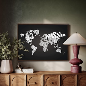 Typografie wereldkaart canvas muurkunst – zwart-wit moderne poster met landnamen voor kantoor, reizen en minimalistische decoratie
