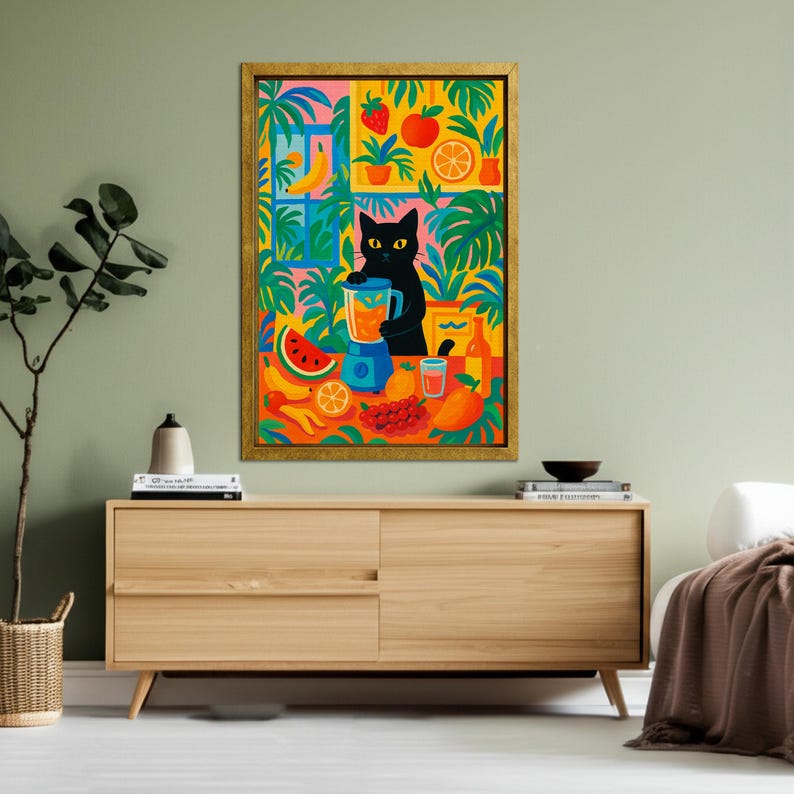 May include: A framed wall art print featuring a black cat standing in a vibrant kitchen filled with tropical plants and various fruits including watermelon, oranges, and bananas. The cat is using a blue blender to prepare a drink.
