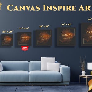 Puede incluir: Se muestran varias impresiones art&iacute;sticas en lienzo de diferentes tama&ntilde;os, desde 40 x 40 pulgadas hasta 16 x 16 pulgadas. Cada lienzo presenta un dise&ntilde;o abstracto con el texto "Canvas Inspire Art". Una etiqueta "Most Popular" es visible.