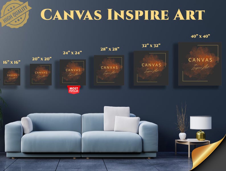 Puede incluir: Se muestran varias impresiones art&iacute;sticas en lienzo de diferentes tama&ntilde;os, desde 40 x 40 pulgadas hasta 16 x 16 pulgadas. Cada lienzo presenta un dise&ntilde;o abstracto con el texto "Canvas Inspire Art". Una etiqueta "Most Popular" es visible.