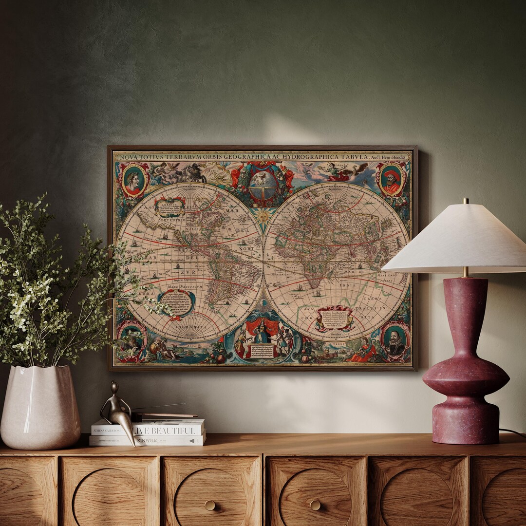 Framed Vintage World Map Canvas Wall Art, Antique Atlas Print for ...