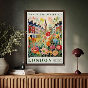 London Flower Market Framed Canvas Art: Vintage Botanical Print with Big Ben